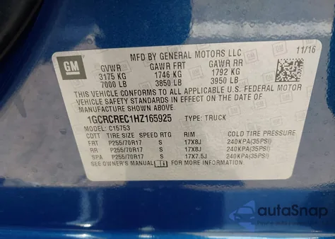 2017 Chevrolet Silverado 1500 1Lt из США, поврежденный, VIN 1GCRCREC1HZ165925